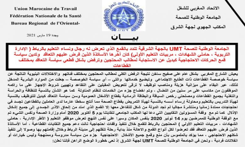 الاتحاد المغربي للشغل: منع وقمع جميع الأشكال الاحتجاجية جزء من سياسة مدروسة وممنهجة缩略图 الاتحاد المغربي للشغل: منع وقمع جميع الأشكال الاحتجاجية جزء من سياسة مدروسة وممنهجة缩略图