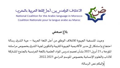 وجدة… المنسقية الجهوية للائتلاف الوطني من أجل اللغة العربية تحتج على تعميم تدريس العلوم باللغة الفرنسية缩略图 وجدة… المنسقية الجهوية للائتلاف الوطني من أجل اللغة العربية تحتج على تعميم تدريس العلوم باللغة الفرنسية缩略图