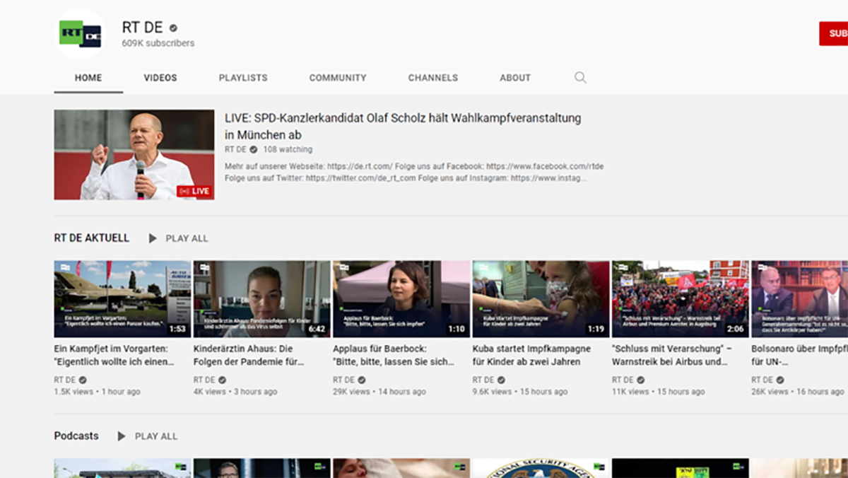 دون تبرير او انذار سابق موقع “يوتيوب” يحذف قناتين لـ RT نهائياً ام حرب اعلامية بين المانيا وروسيا缩略图