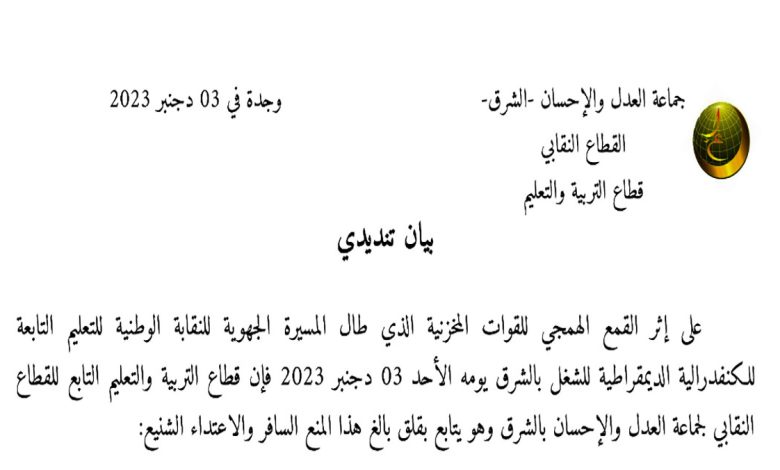 العدل والاحسان تندد بشدة الاعتداء على المناضلين النقابيين缩略图 العدل والاحسان تندد بشدة الاعتداء على المناضلين النقابيين缩略图