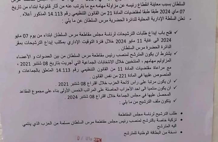بعد عزل محمد بودريقة: الداخلية تفتح باب الترشح لمنصب رئيس جماعة مرس السلطان.缩略图 بعد عزل محمد بودريقة: الداخلية تفتح باب الترشح لمنصب رئيس جماعة مرس السلطان.缩略图