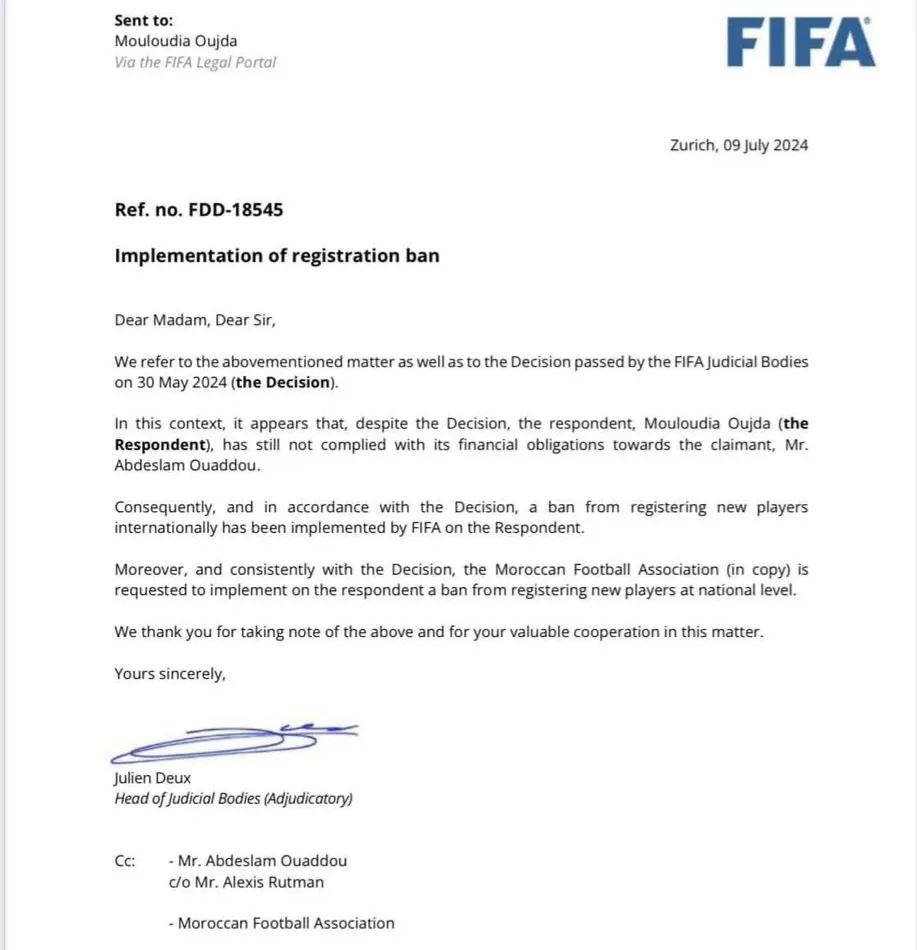 بسبب وادو الفيفا تمنع مولودية وجدة من اي انتداب دولي أو محلي.缩略图