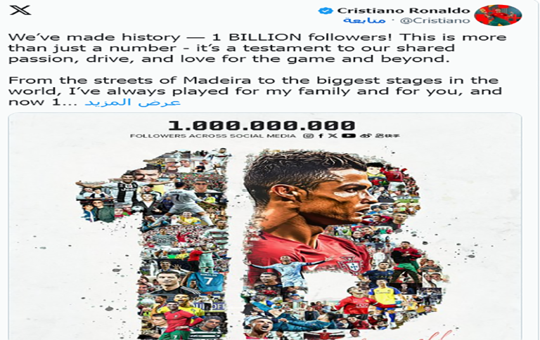 رونالدو أول شخص يصل إلى مليار متابع على السوشيل ميديا