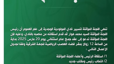 عاجل : محمد هوار يعلن استقالته من رئاسة نادي المولودية الوجدية لكرة القدم.缩略图