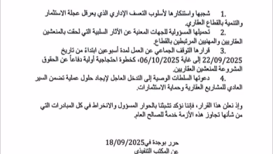 جمعية المنعشين العقاريين الشباب بجهة الشرق، تعلق عملها مؤقتا تنديدا بسياسة التماطل للمصالح الجماعية.缩略图 جمعية المنعشين العقاريين الشباب بجهة الشرق، تعلق عملها مؤقتا تنديدا بسياسة التماطل للمصالح الجماعية.缩略图