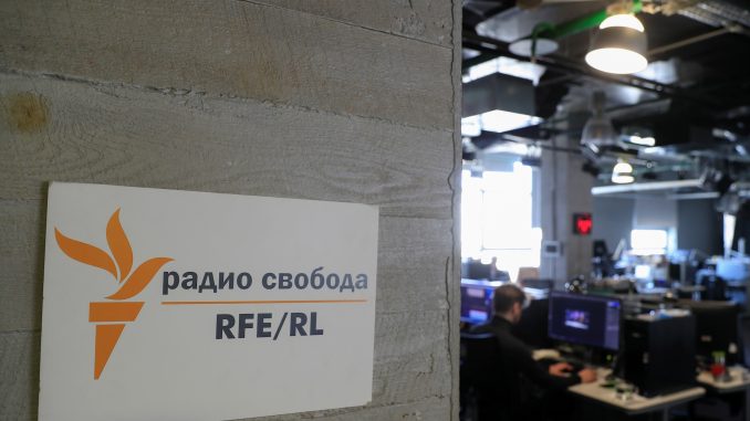 A view shows the newsroom of Radio Free Europe/Radio Liberty broadcaster in Moscow