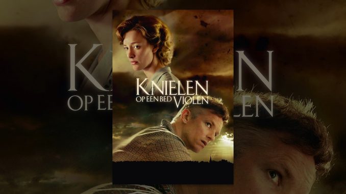Knielen op een bed violen
